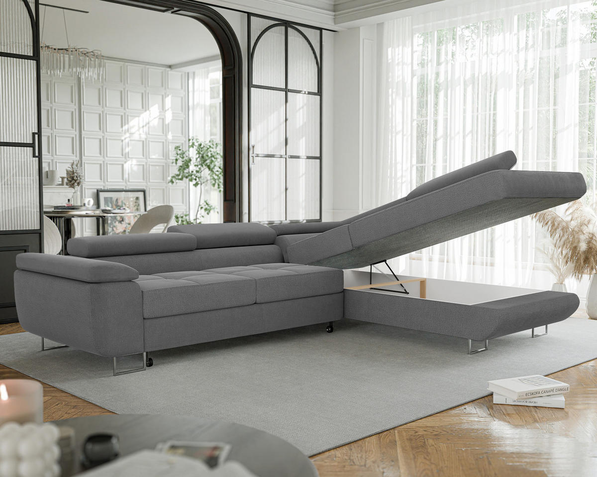 ECKSOFA ANTON mit Schlaffunktion und Bettkasten Hellgrau - Hellgrau, Holzwerkstoff/Kunststoff (274/203cm) - Idohome