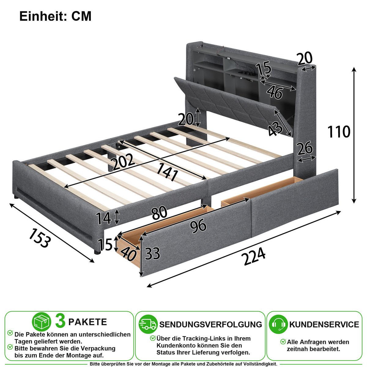 POLSTERBETT 140/200 cm in Grau mit 2 Schubladen, LED und USB Leinen - Grau, Holzwerkstoff/Textil (140/200cm) - CHICFURN