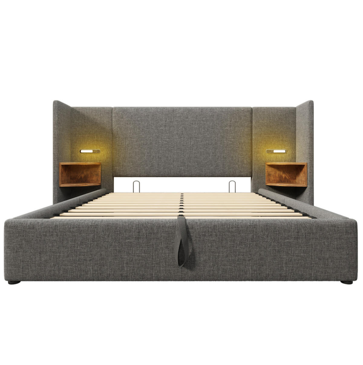 POLSTERBETT aus Leinen 160x200 cm Grau mit Bettkasten, Leselampe, USB- und Type-C-Anschlüssen - Grau, Textil (160/200cm) - IVMEU