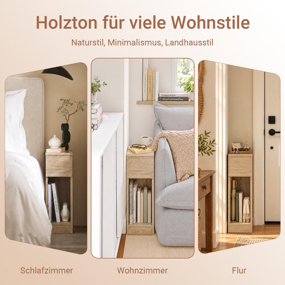 NACHTTISCH schmal mit Schublade, Natur, Konsolentisch, 20x35x60 cm, nur 20 cm tief, offene Fächer, Flur/Sofa/Büro/Balkon - Naturfarben, Holzwerkstoff (20/60/35cm) - SoBuy