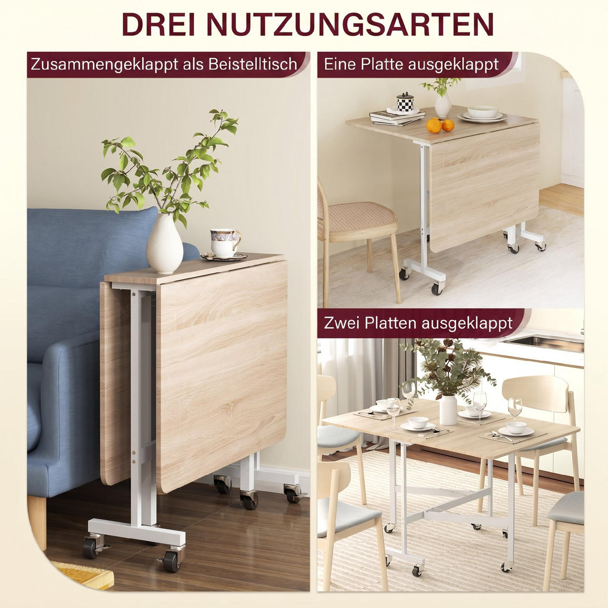 KLAPPTISCH Spanplatte, Stahl Eiche - Eichefarben/Weiß, Holzwerkstoff/Metall (120/80/73cm) - HOMCOM