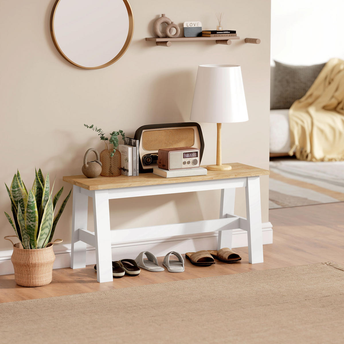 SITZBANK für Esszimmertisch Küchenbank Modern Holzbank Essbank für Eingang Eiche - Eichefarben/Weiß, Holz (30/45/95cm) - HOMCOM