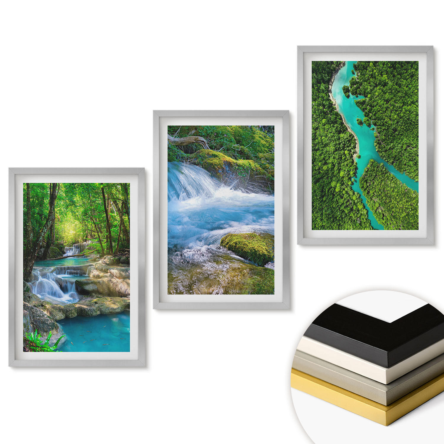 WANDBILDER 3er Set - 40x60 cm Silberner Rahmen - Grüne Wälder, kristallklares Wasser - Silberfarben, Kunststoff (40/60cm) - ArtPrintCave