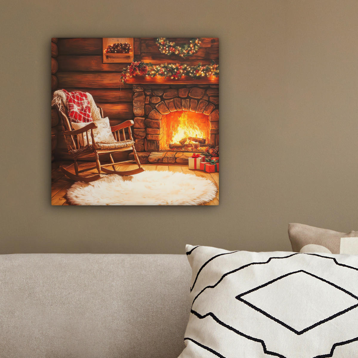LEINWANDBILD Winter - Weihnachten - Zuhause - Kamin 20x20 cm - Bernsteinfarben, Textil (20/20cm) - MuchoWow