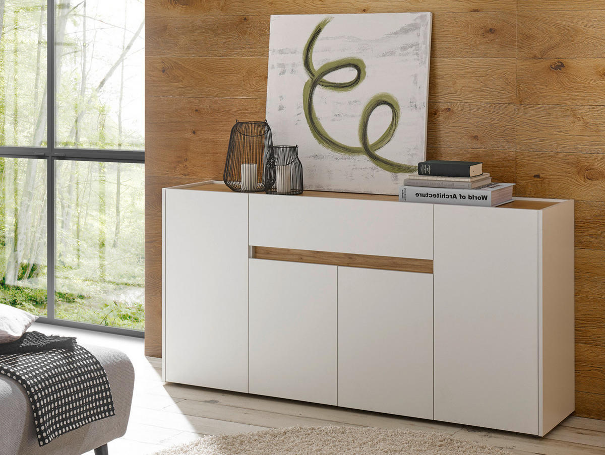 SIDEBOARD weiß, Eiche Wotan 170 cm, Kommode 4-türig - Eiche Wotan/Schwarz, Holz/Holzwerkstoff (170/87/40cm) - Furn.Design