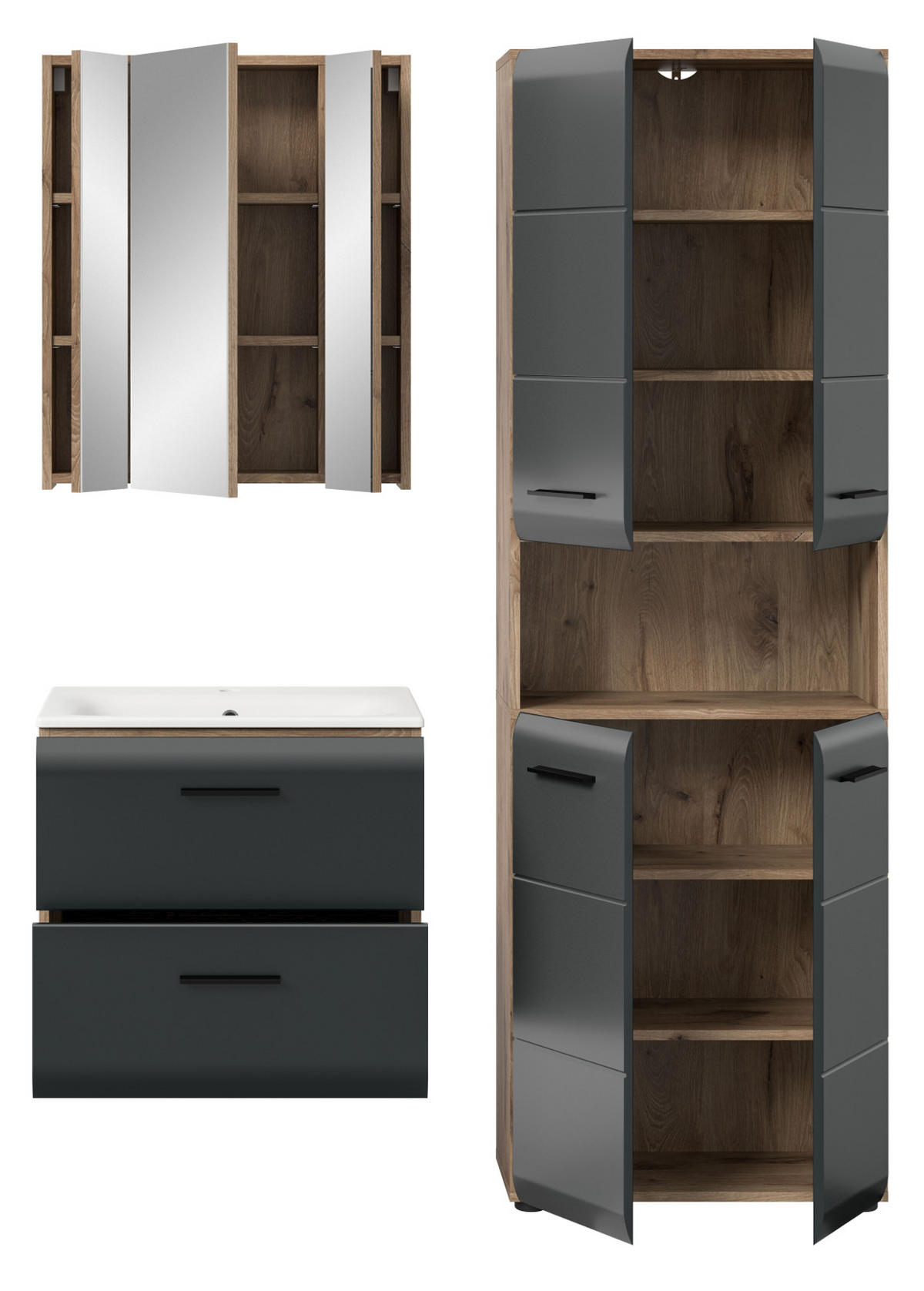 BADMÖBEL-SET schwarz matt, Nox Eiche 3-teilig, Badkombination inklusive Waschbecken - Eichefarben/Schwarz, Glas/Holzwerkstoff (135/185/46cm) - Inn.Furn