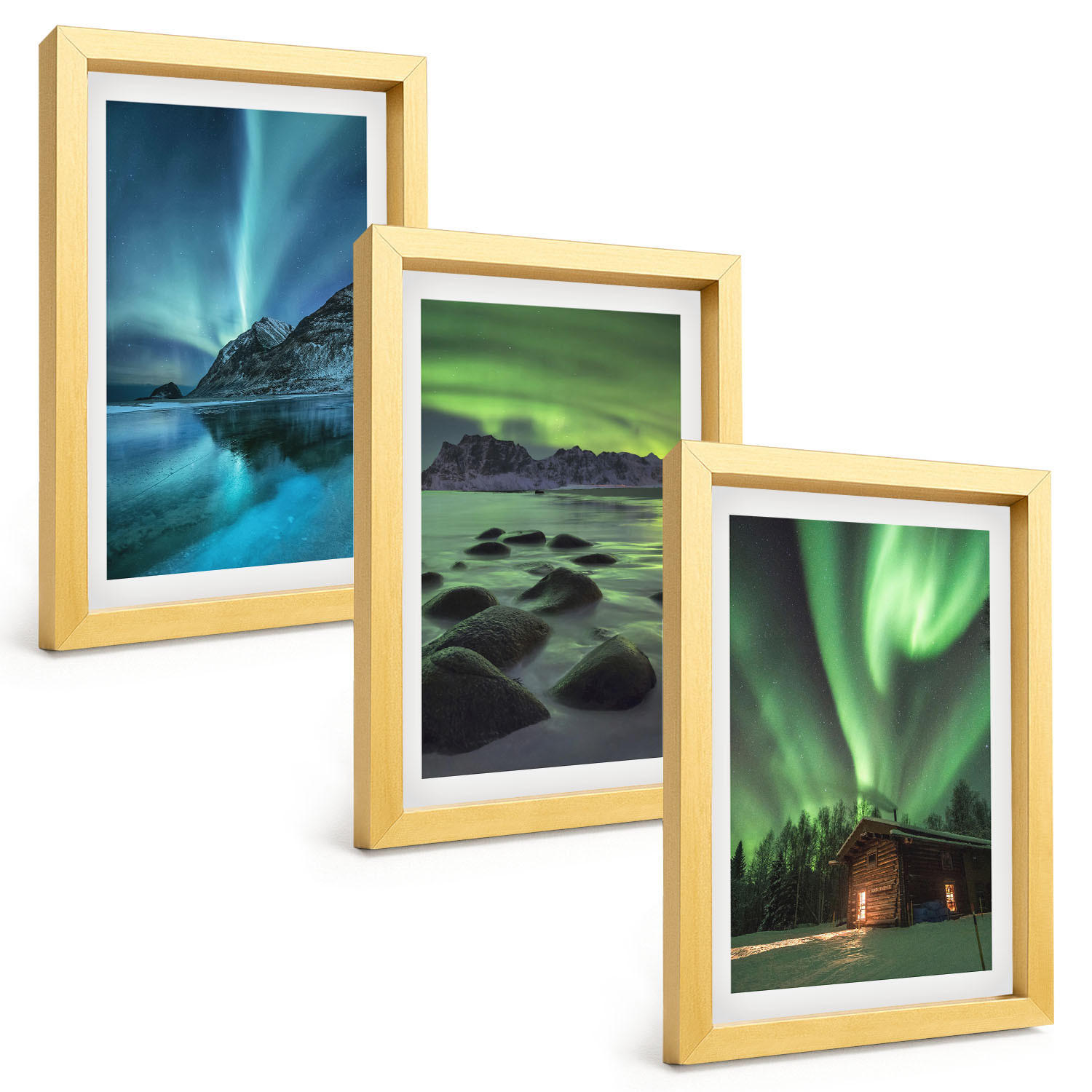 BILDER SET 3er Set - 20x30 cm Goldrahmen - Winterlandschaften, Nordlichter, Berge - Goldfarben, Kunststoff (20/30cm) - TULUP