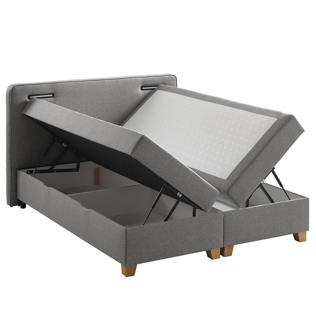 BOXBETT mit Stauraum - inkl. Beleuchtung - Taupe/Grau, Holz/Textil (180/200cm) - home24