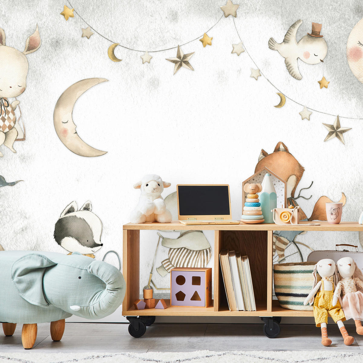 FOTOTAPETE für Kinderzimmer Zirkus Tiere Elefant Fuchs Monde Sterne 400x280 - Gelb/Beige, Papier (400/280cm) - Muralo