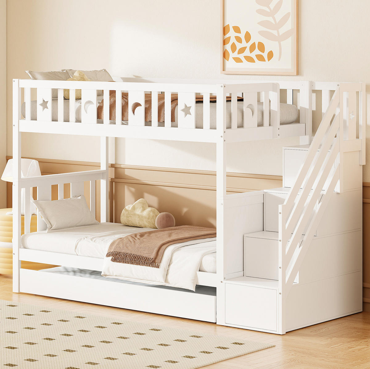 KINDER-ETAGENBETT aus MDF und Kiefernholz 90x200 cm Weiß mit Ausziehbett und Stauraumtreppe - Weiß, Holzwerkstoff (90/200cm) - IVMEU