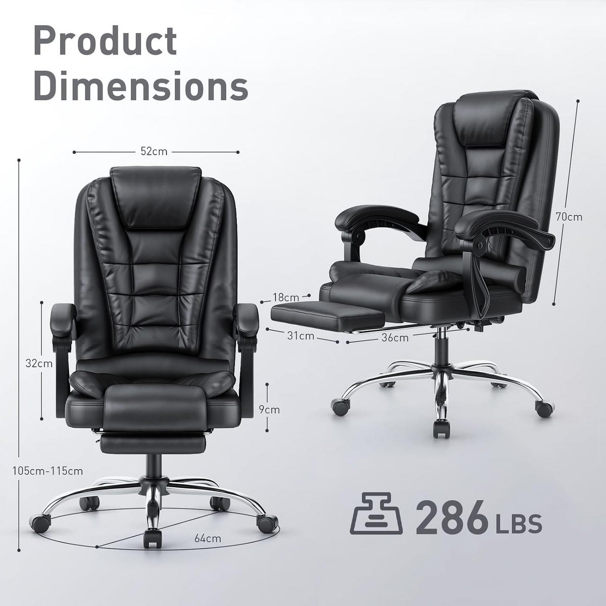 BÜROSTUHL, hohe Rückenlehne, ergonomisch, PU-Leder - Schwarz, Metall (52/105/52cm) - Rattantree