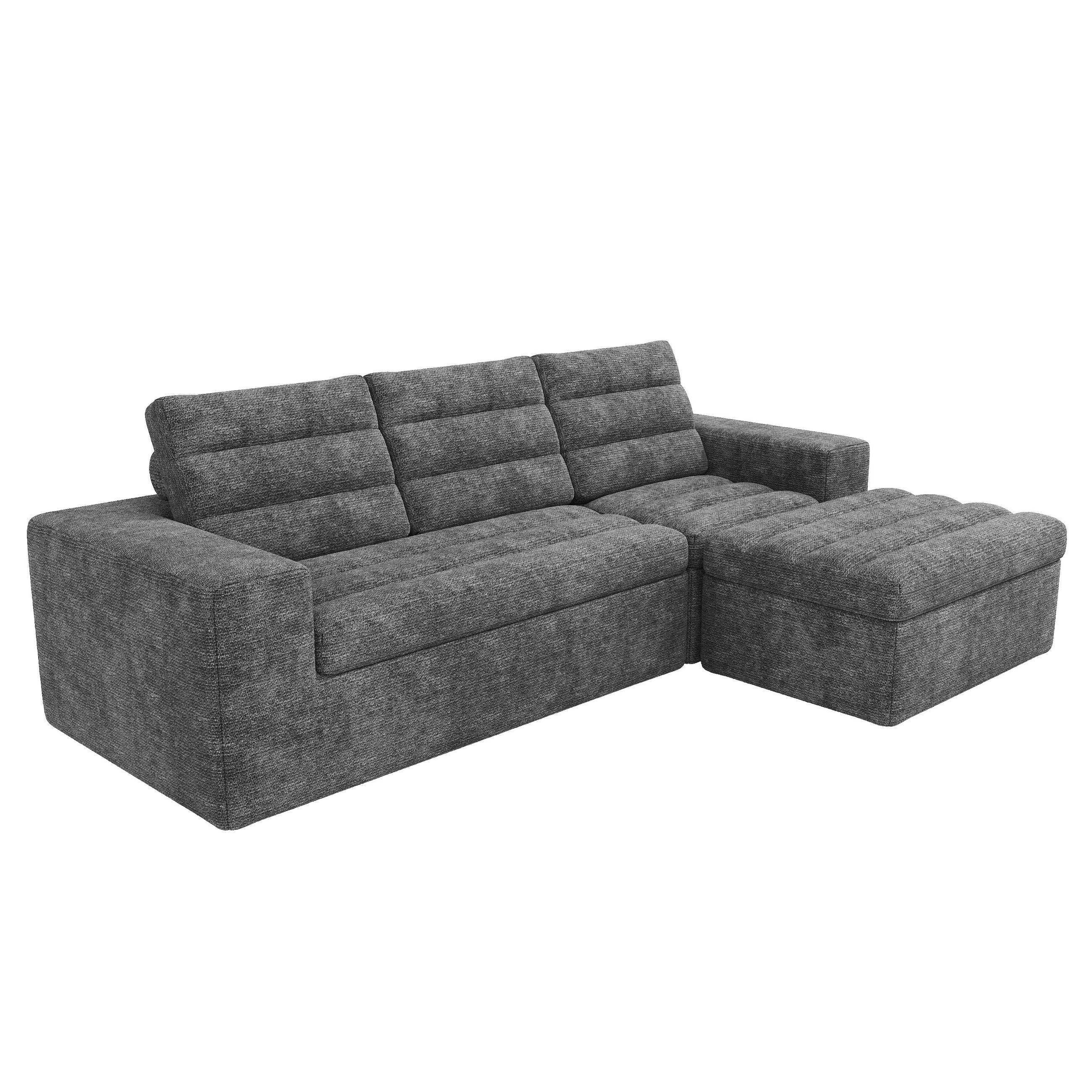WOHNLANDSCHAFT 253/161/89 cm Hellgrau mit 1 Fußhocker - Hellgrau, Textil (253/89/161cm) - Oxeza