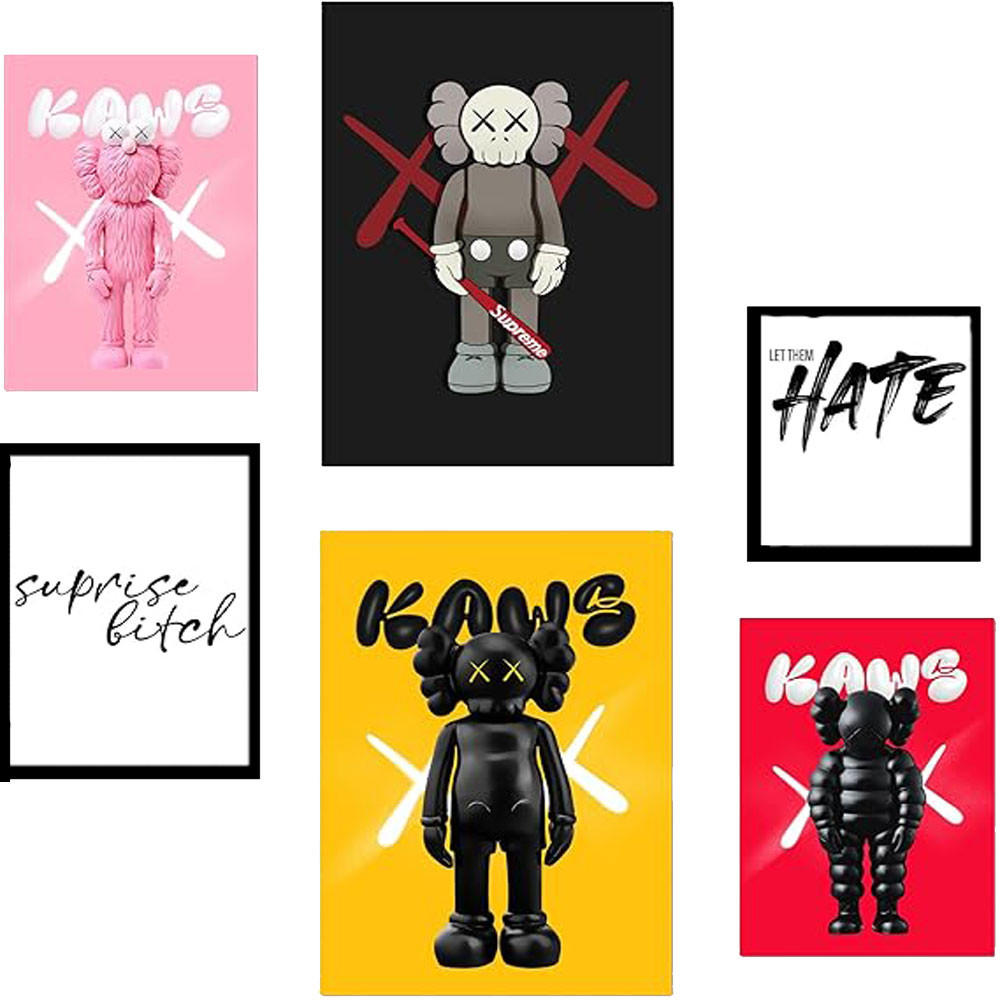 POSTER Set Mit 6 Messaggio Iconico Di Kaws A3 & A4 Schwarzer Rahmen - Schwarz, Papier (29/3/42cm) - Nacnic