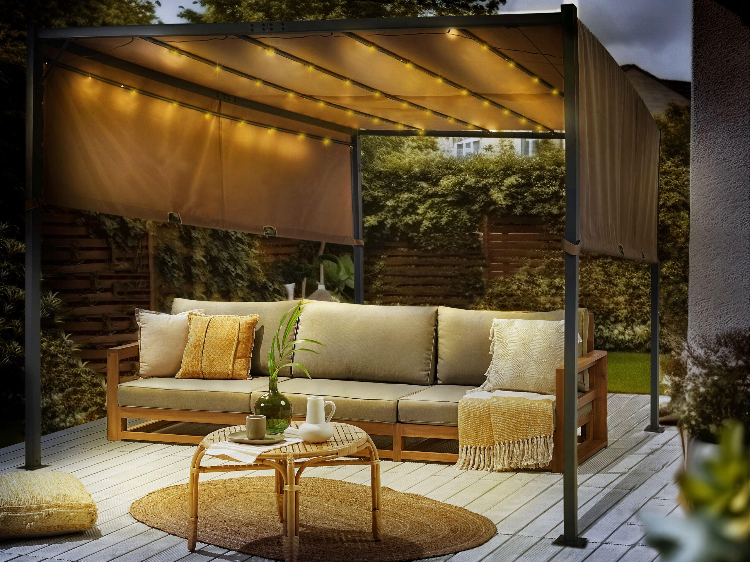 PERGOLA mit LED-Beleuchtung Stahl braun 310/310 cm Parga - Schwarz/Braun, Metall (310/215/310cm) - Beliani