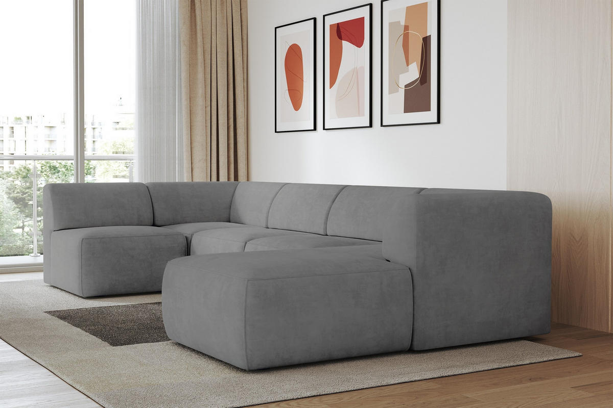 WOHNLANDSCHAFT Ottomane Rechts MOVO-L 345x180x78 cm Grau Velours - Taupe/Schwarz, Holzwerkstoff/Kunststoff (345/78/180cm) - ALTDECOR