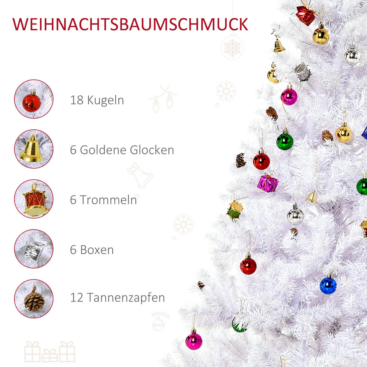 WEIHNACHTSBAUM Christbaum Tannenbaum 150/180cm PVC 680 Spitze inkl. Deko Weiß - Weiß, Metall (150cm) - HOMCOM