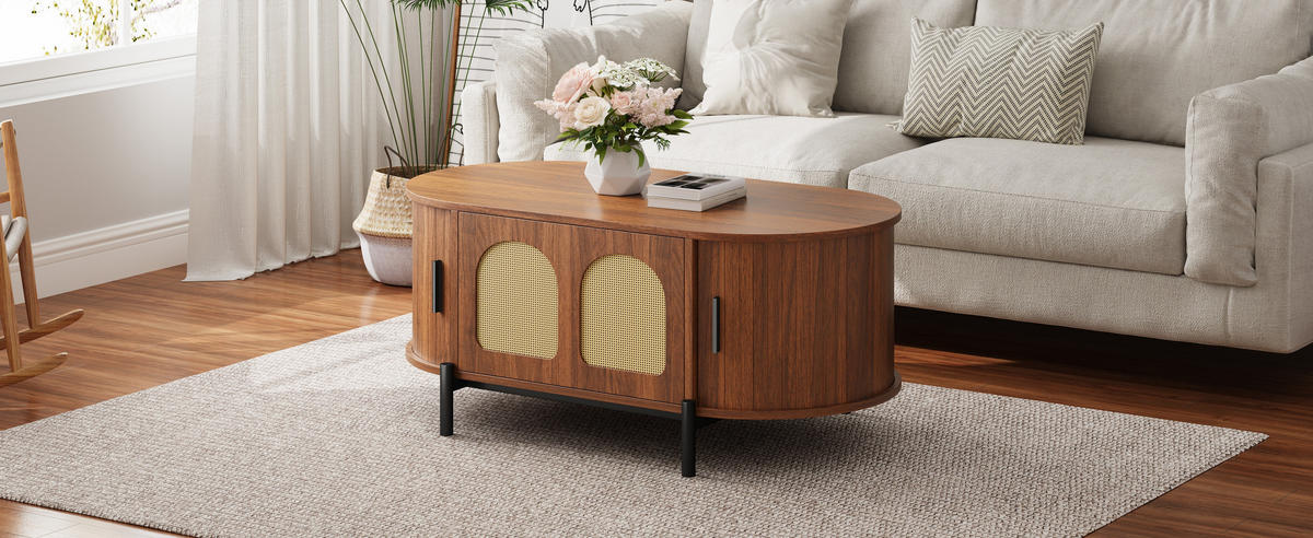 COUCHTISCH oval Rattan Holzoptik - Walnussfarben, Holzwerkstoff (50/100/40cm)