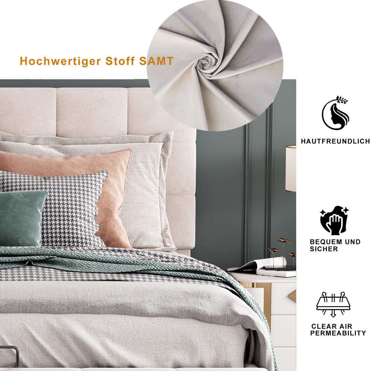 POLSTERBETT mit Samtbezug 140x200 cm Cremeweiß mit hydraulischem Bettkasten - Weiß, Textil (140/200cm) - IVMEU