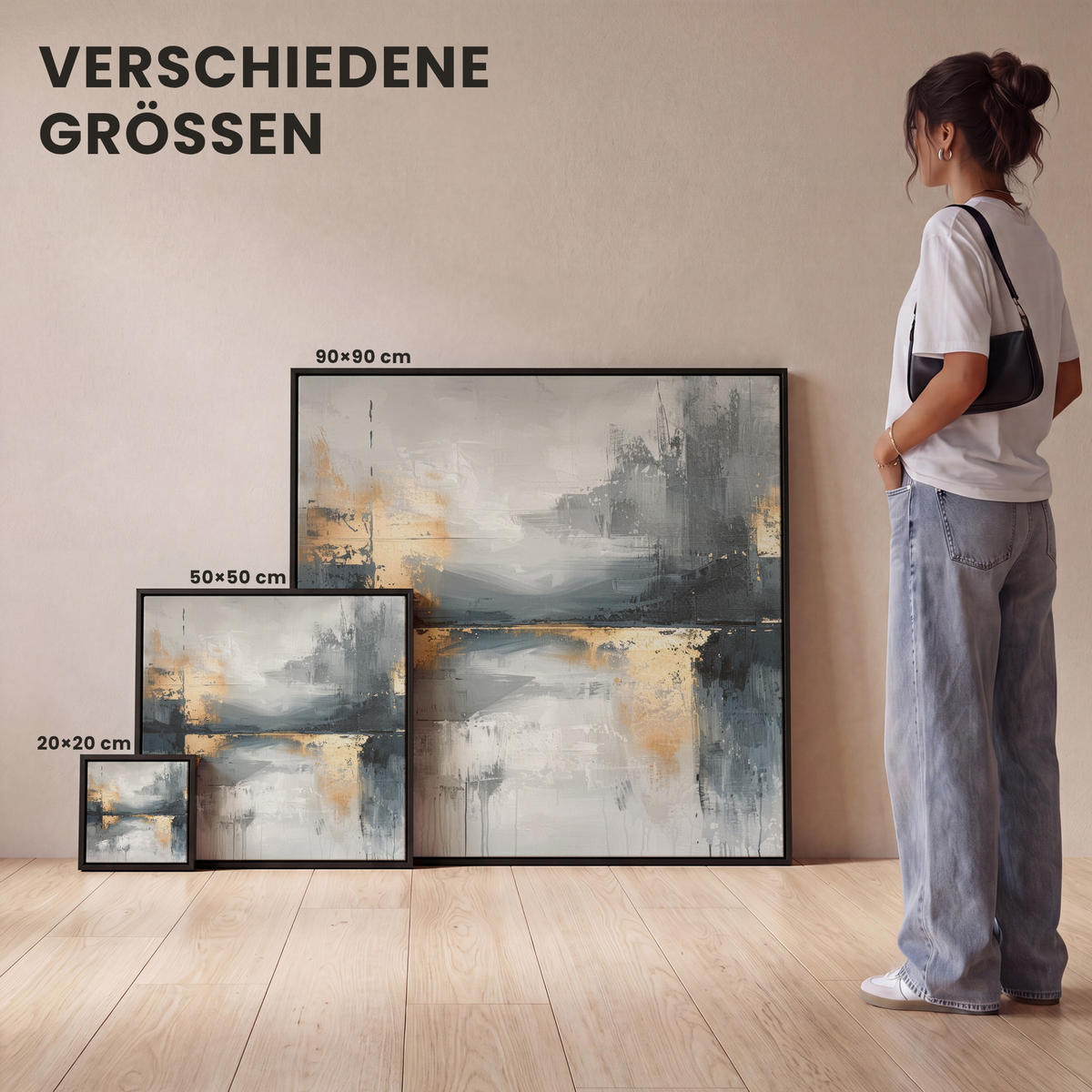 LEINWAND Bilder mit Rahmen - Kunst - Grau - Gold - Abstrakt - 20x20 - Dunkelgrau, Textil (20/20cm) - MuchoWow