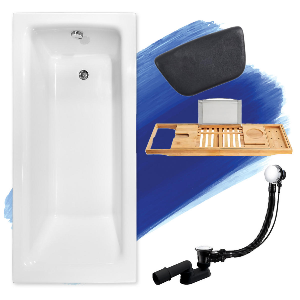 BADEWANNE Rechteck TALIA 100/70 + Badewannenablage + Kopfstütze Ablauf Füße - Weiß, Kunststoff (70/55.5/100cm) - bad land