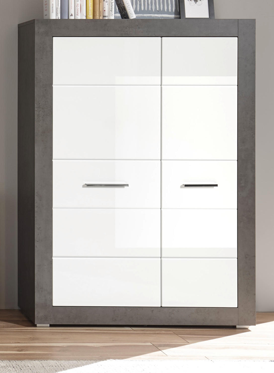 HIGHBOARD weiß Hochglanz, grau Stone 100 cm, Kommode mit 6 Fächern - Chromfarben/Weiß Hochglanz, Holzwerkstoff/Kunststoff (100/142/35cm) - Furn.Design