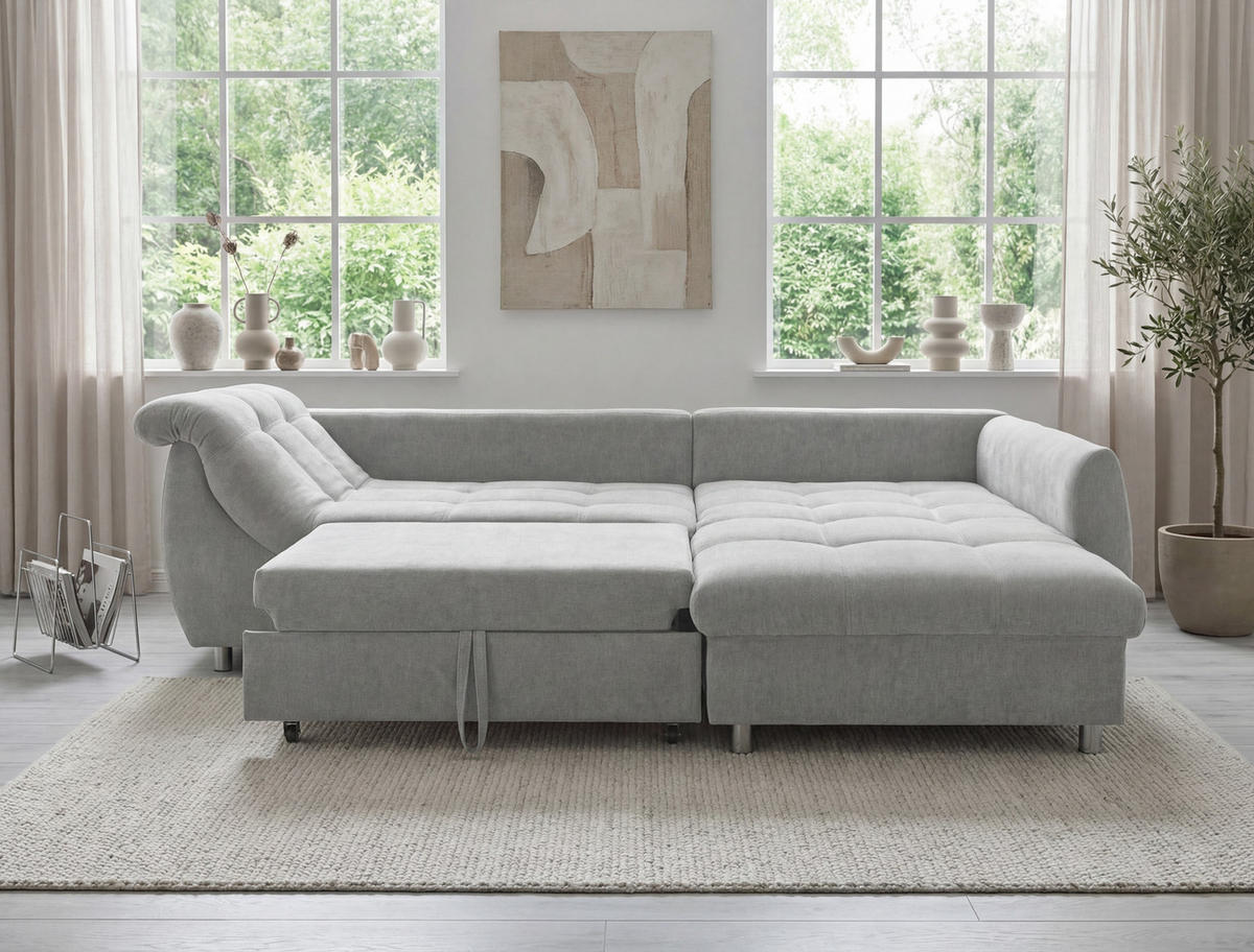 ECKSOFA mit Schlaffunktion, Wellenunterfederung, Ottomane rechts B250/T190/H84 cm, Liegefl. 179x190 cm, Mikrofaser Grau / 17003 - Chromfarben/Grau, Textil/Metall (250/190cm) - luma-home