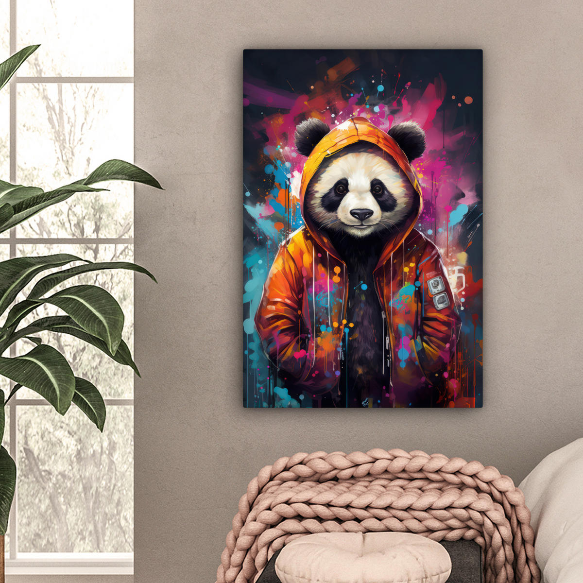 LEINWANDBILD Panda - Jacke - Graffiti - Orange 60x90 cm - Orange, Textil (60/90cm) - MuchoWow