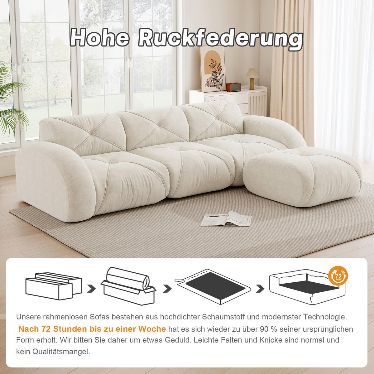 ECKSOFA 281/171/76 cm Hellbeige Chenille mit 1 Fußhocker, rutschfeste Unterseite - Beige, Textil (281/171cm) - Oxeza