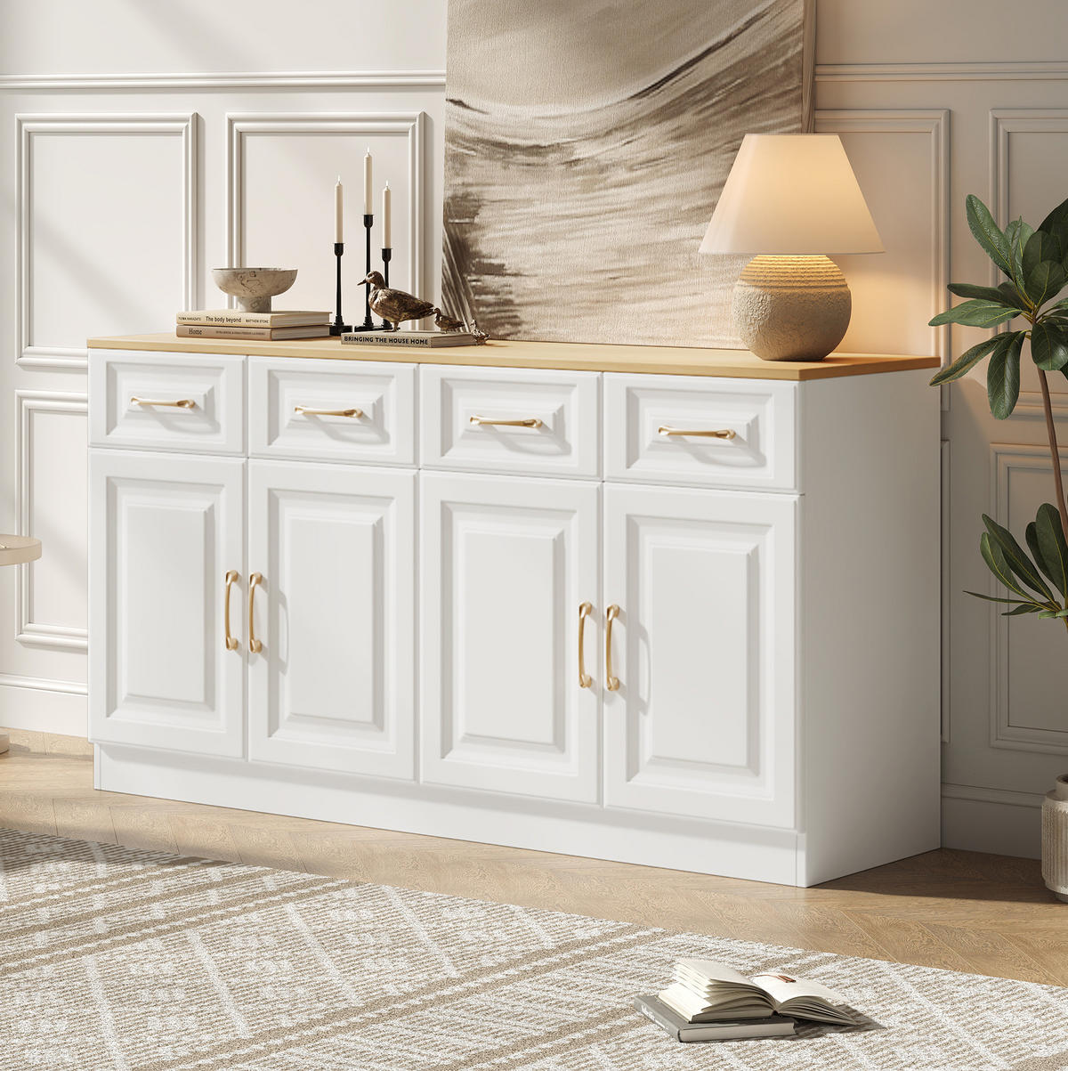 SIDEBOARD, 140/40/75 cm, dřevotříska bílá/barva dubu, se 4 zásuvkami a 4 dveřmi - bílá, kompozitní dřevo (140/75/40cm) - BEAOK