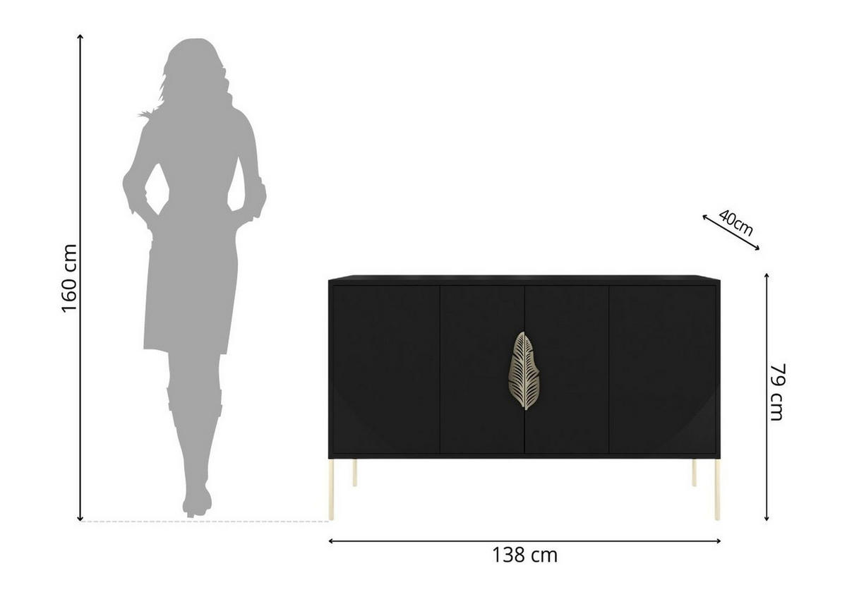 SIDEBOARD Merlin, Schwarz, Goldene Details - Goldfarben/Schwarz, Holzwerkstoff/Metall (138/79/40cm) - Skandica