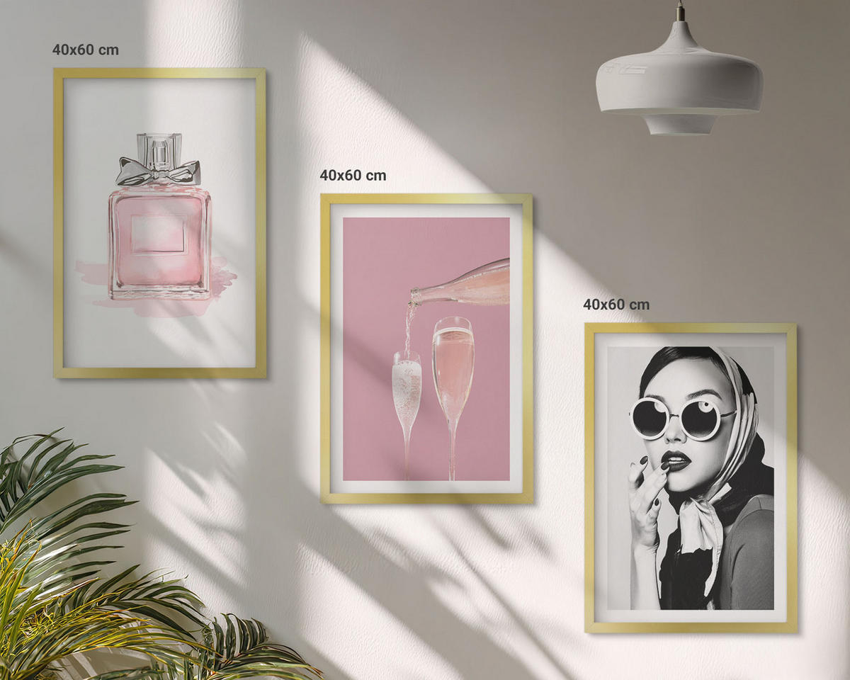 WANDBILDER 3er Set - 40x60 cm Goldrahmen - Stilvolle pinkfarbene Accessoires - Goldfarben, Kunststoff (40/60cm) - ArtPrintCave