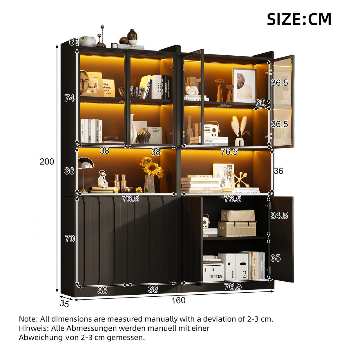VITRINE 2er-Set 160x35x200 cm Schwarz LED Glastüren - Schwarz, Holzwerkstoff (160/200/35cm) - FLIEKS