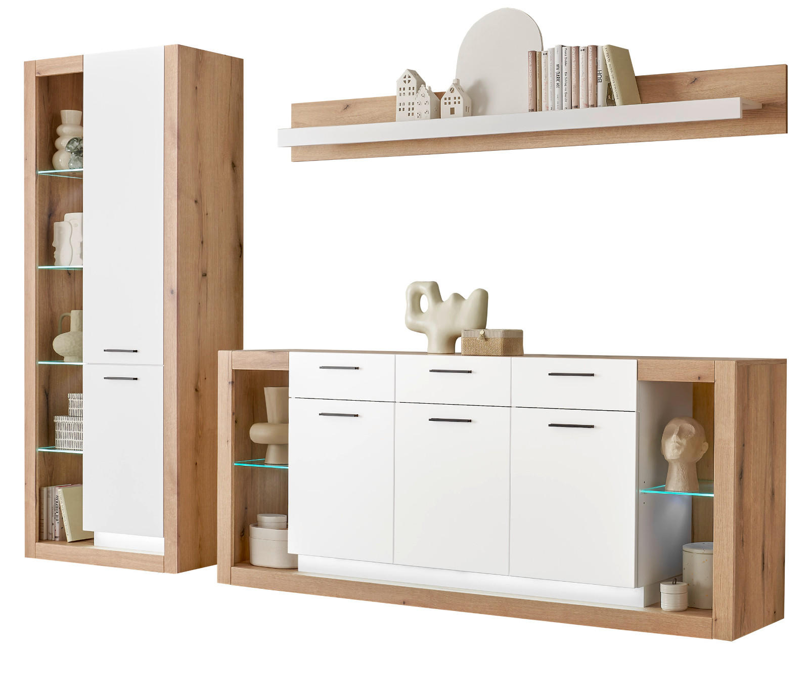 WOHNWAND weiß matt, Evoke Eiche, Wohnkombination Set 3-teilig 298 cm - Eichefarben/Silberfarben, Glas/Holzwerkstoff (298/195/43cm) - Furn.Design