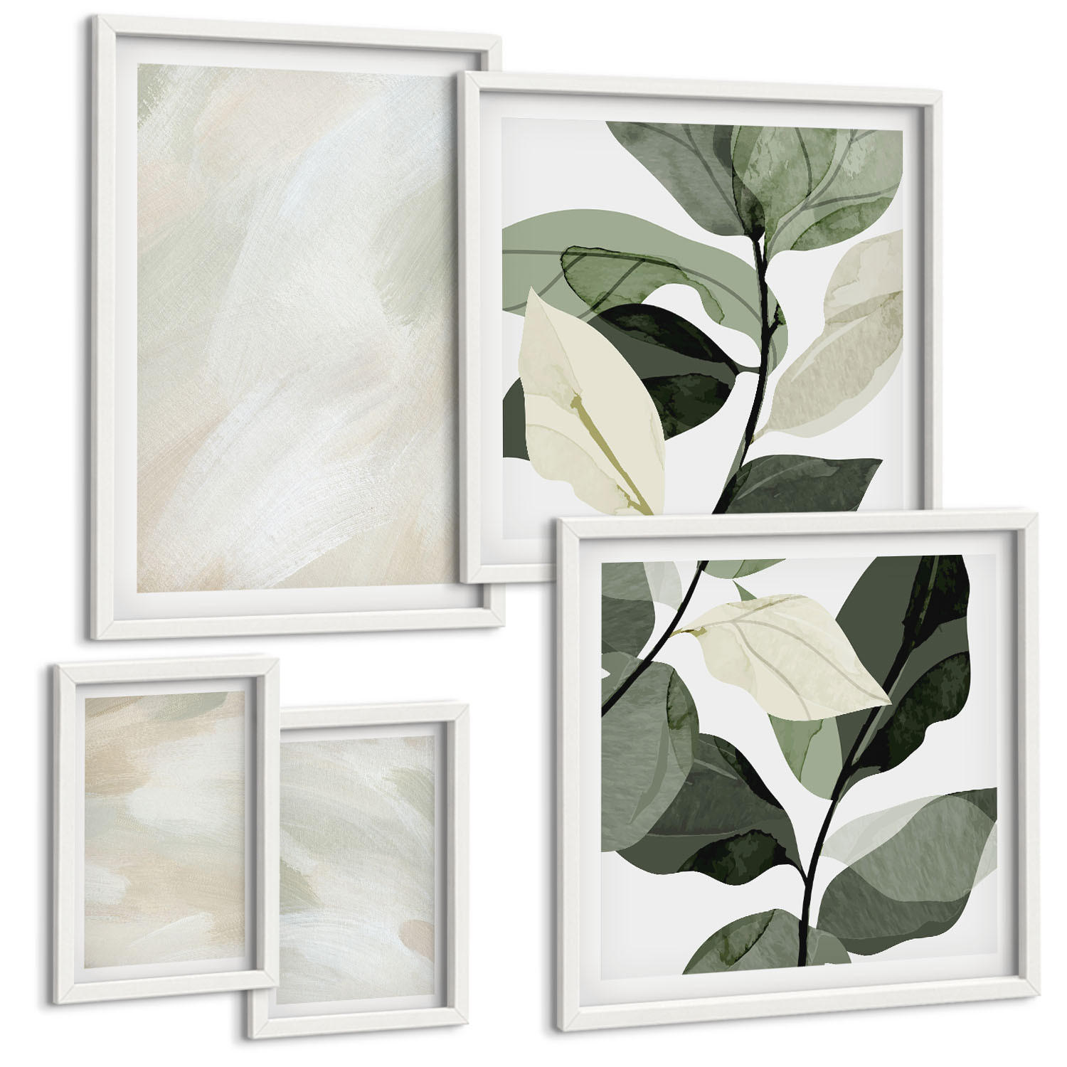 BILDER SET 5er Set - 50x50 cm & 20x30 cm & 40x60 cm Weißer Rahmen - Leuchtende, abstrakte Boho-Farben - Weiß, Kunststoff (40/60cm) - TULUP