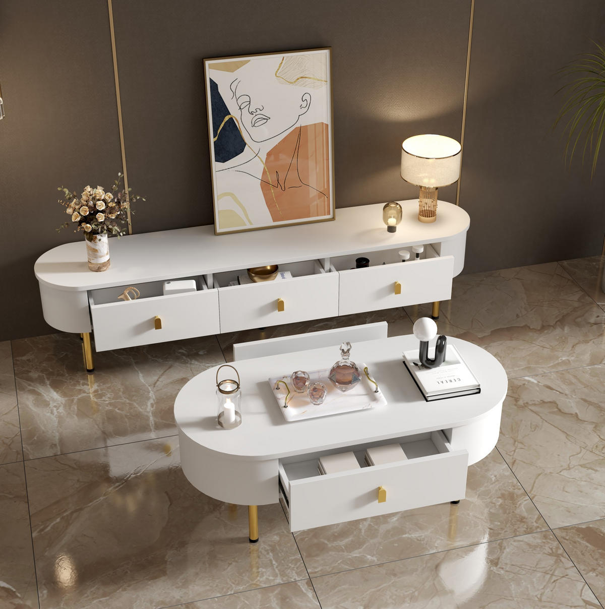 TV-SCHRANK- und Couchtisch-Set aus MDF 174x35x41 cm & 108x50x40 cm Weiß mit Schubladen und goldfarbenen Details - Weiß, Holzwerkstoff (174/41/35cm) - Modfu