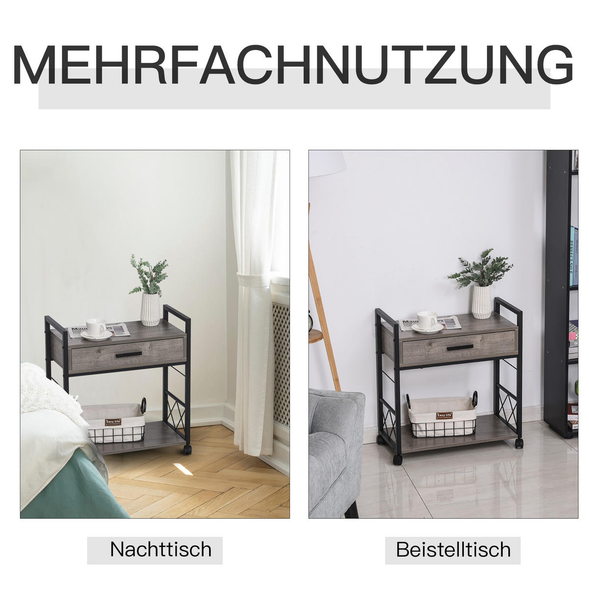 BEISTELLTISCH Servierwagen mit Schublade Ablage Küchenwagen Sideboard Grau - Grau, Kunststoff (60/30/65cm) - HOMCOM