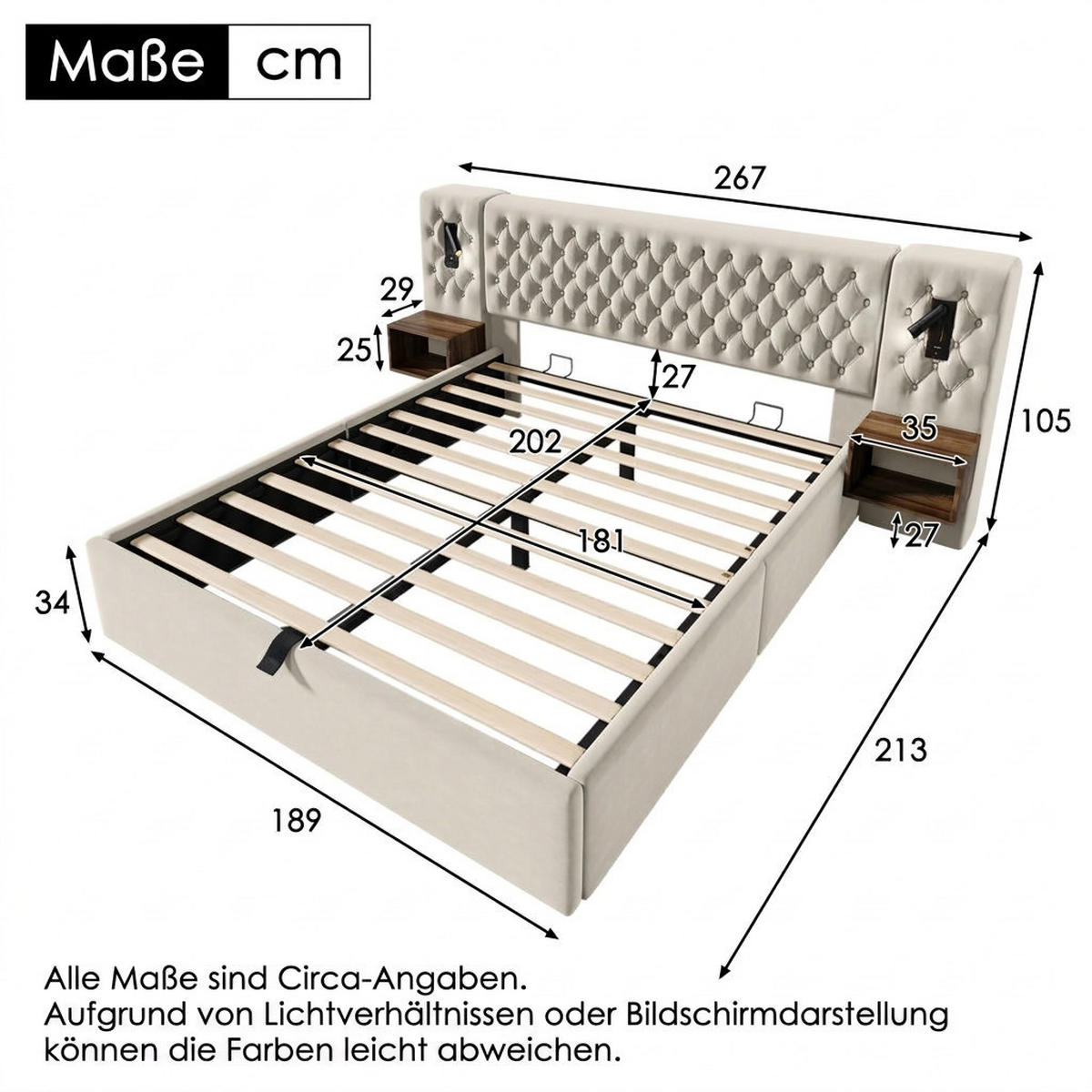 POLSTERBETT 180/200 cm Beige mit 2 Nachttischen und USB Ladefunktion (Ohne Matratze) - Beige, Textil (180/200cm) - Oxeza