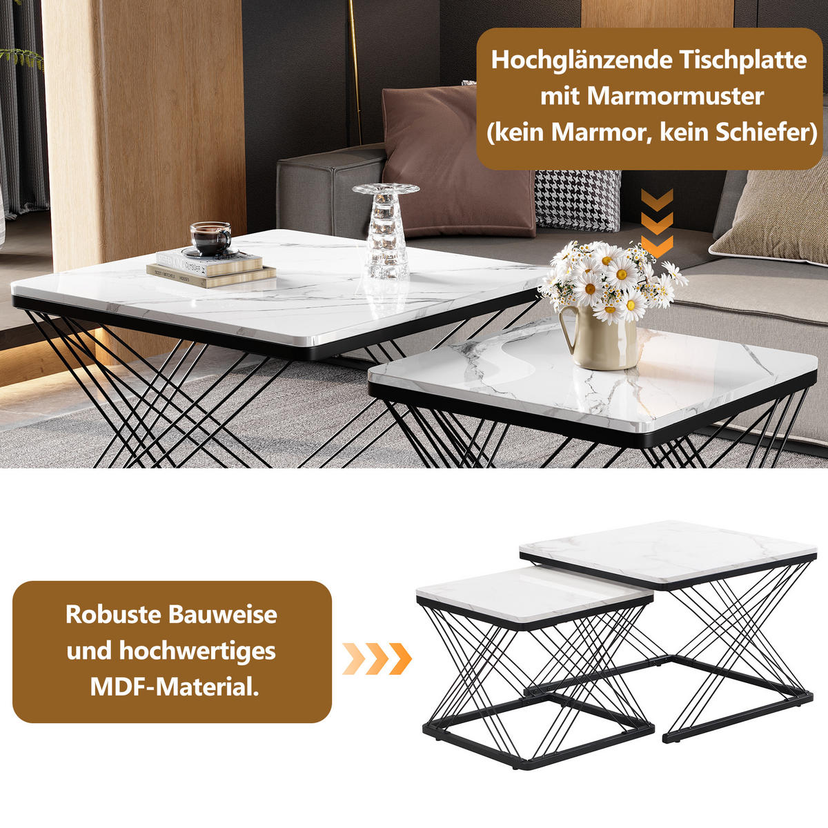 COUCHTISCH 2er-set Schwarz und Weiß - Weiß, Holzwerkstoff/Metall (60/60/45cm) - Urban Meuble