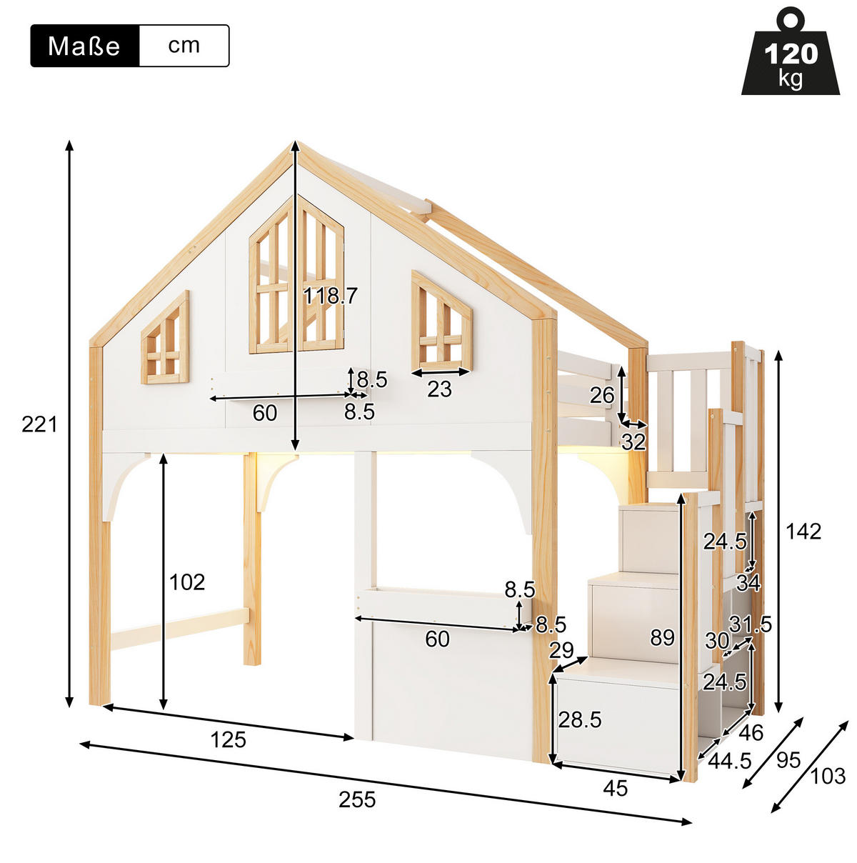 HOCHBETT aus Kiefer 90x200 cm Weiß mit LED, Stauraumtreppe und Fensterdetail - Weiß, Holzwerkstoff (90/200cm) - Modfu
