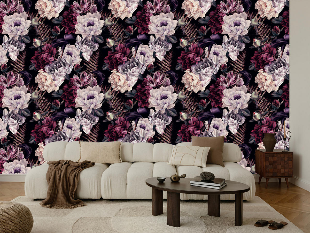 VLIESTAPETE Pfingstrosen im Glamour-Stil – Rosa, Lila, Schwarz – 50x1000 cm - Lila/Schwarz, Papier (50/1000cm) - Muralo