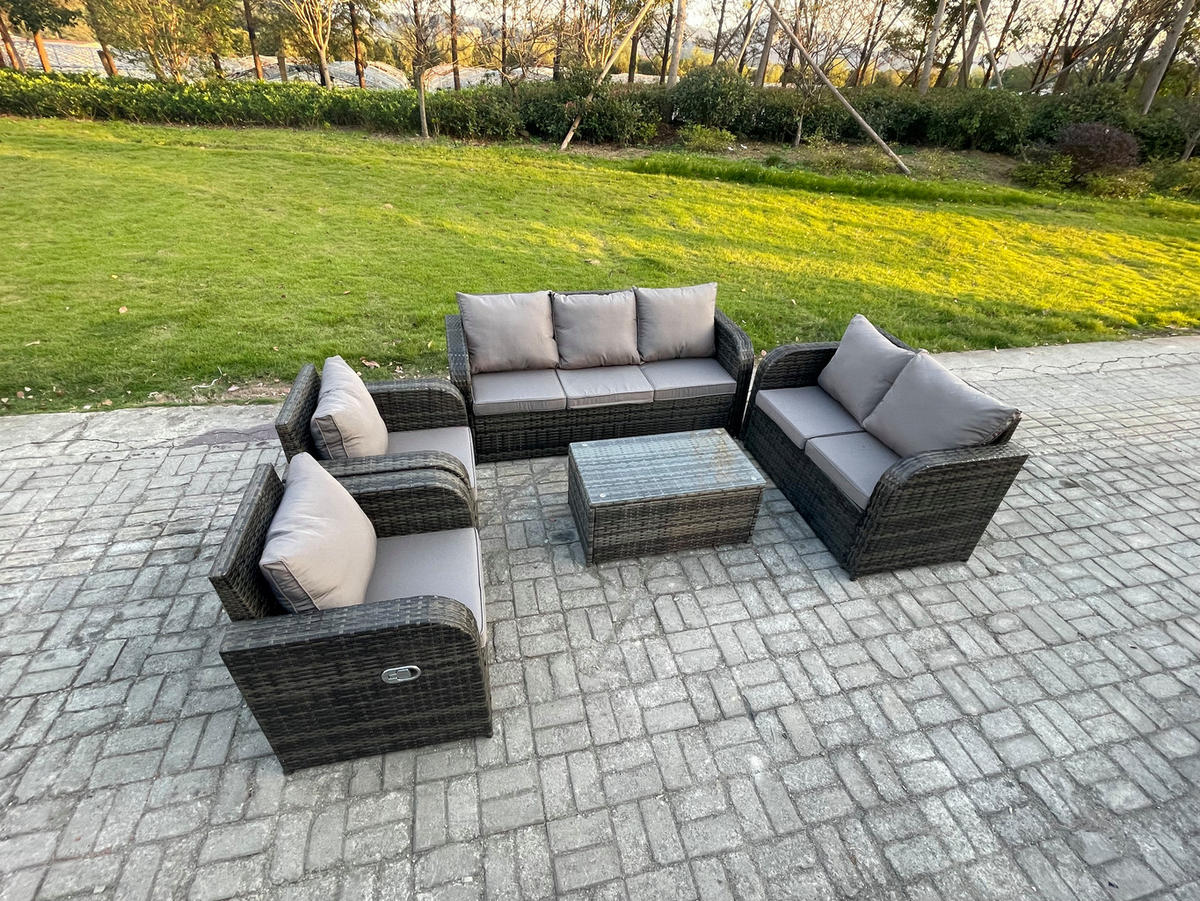 GARTENMÖBELSET mit Couchtisch Polyrattan 7-Sitzer - Dunkelgrau/Grau, Glas/Kunststoff - Fimous
