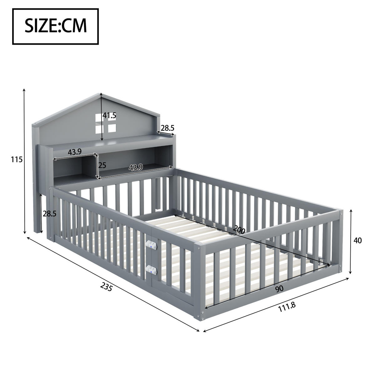 KINDERBETT 90/200 cm Grau Hausbett mit Kreidetafel und Stauraum - Grau, Holzwerkstoff (90/200cm) - OKWISH