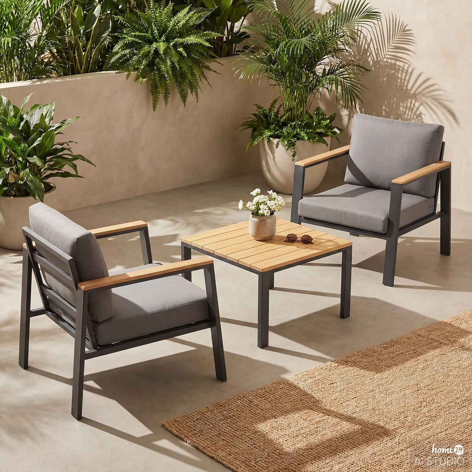 LOUNGESET - Eukalyptus massiv / Polyester - Braun / Anthrazit - 3-teilig - Braun/Grau, Holz/Textil - home24