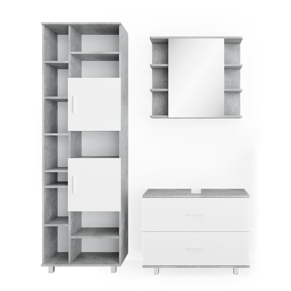 BADMÖBEL-SET Ilias Beton/Weiß 3 Teile, mit Hochschrank - Weiß/Grau, Holzwerkstoff (80.2/60.8/33cm) - Vicco