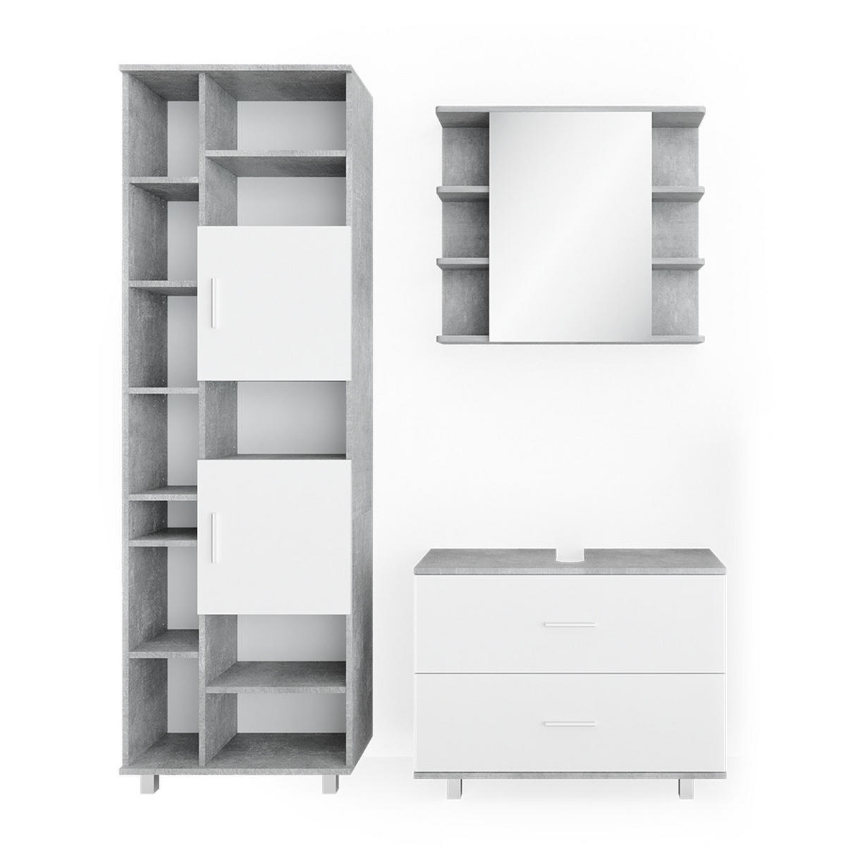 BADMÖBEL-SET Ilias Beton/Weiß 3 Teile, mit Hochschrank - Weiß/Grau, Holzwerkstoff (80.2/60.8/33cm) - Vicco