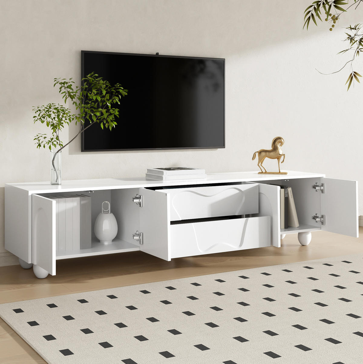 TV ormarić 180/40/42 cm bijeli od iverice s ladicama i vratima na nogama od masivnog drva - bijela, drvni materijal (180/42/40cm) - OKWISH