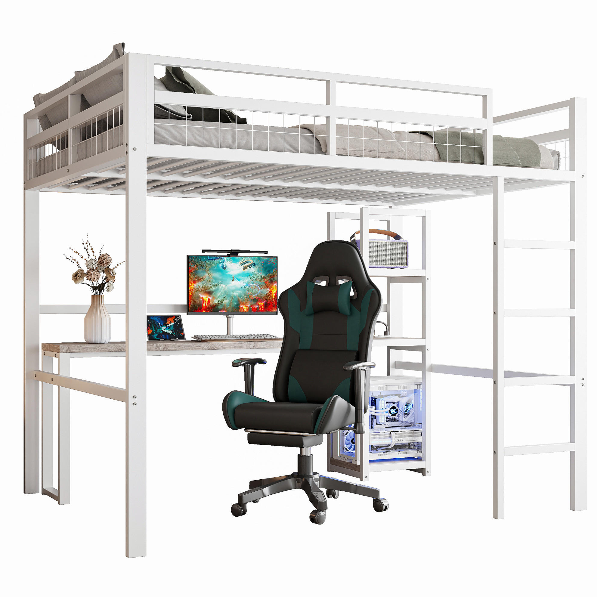 HOCHBETT 140/200 cm aus Metall/MDF mit Schreibtisch, Regalen und Steckdose mit USB-C Weiß - Weiß, Metall (140/200cm) - Modenvie