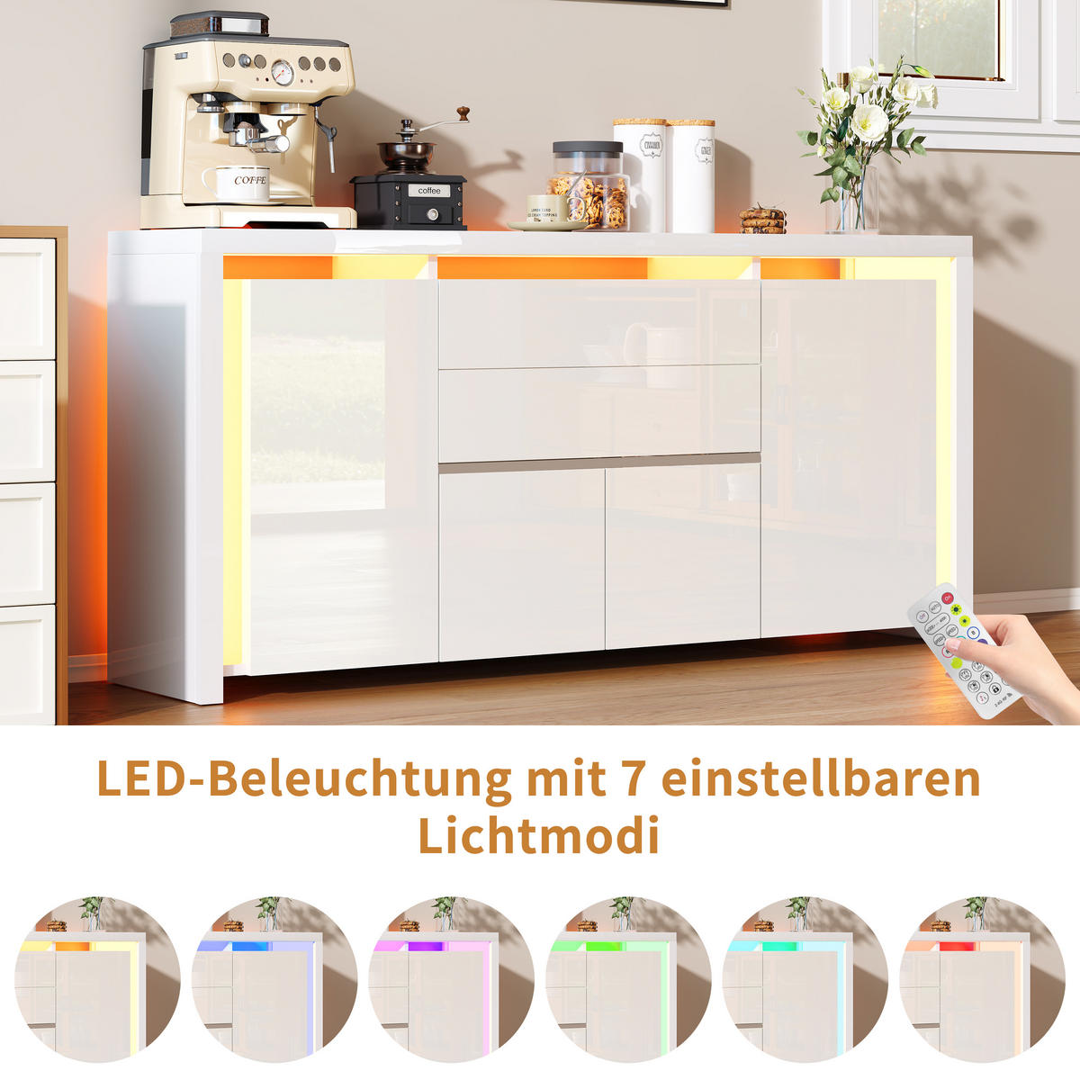 SIDEBOARD hochglanz weiß, 4 Türen, 2 Schubladen, LED-Beleuchtung, modern - Weiß, Holz (160/75/35cm) - EuroLiving