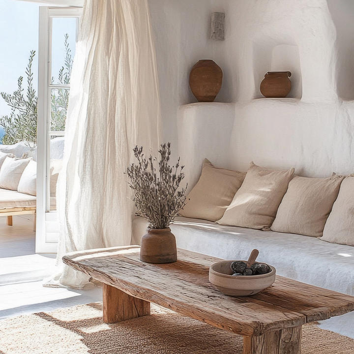 Gemütliches, weißes Zimmer mit Fenster und Couch, Meerblick und einladendem, südlichem Ambiente.