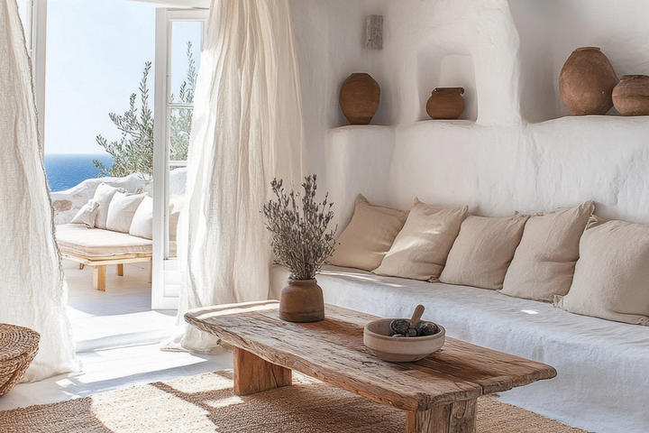 Gemütliches, weißes Zimmer mit Fenster und Couch, Meerblick und einladendem, südlichem Ambiente.